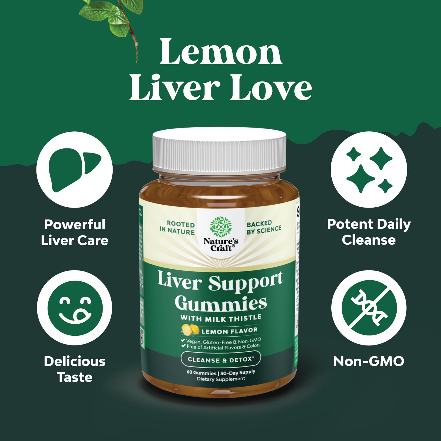 Natures Craft Herbal Liver Detox Gummies with Milk Thistle & Turmeric - Vegan & Non-GMO - Sweet Lemon (30 Servings)