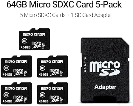 Inland 5-Pack Micro Center 64GB Class 10 MicroSDXC Memory Cards with Adapter - Mobile Device Storage, Full HD Video Recording - 80MB/s UHS-I