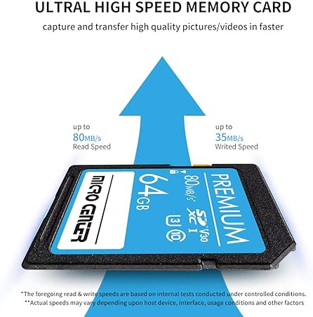 Inland 64GB INLAND Premium SDXC Card, Class 10 UHS-I C10 U3 V30 4K UHD Video - Up to 80/35 MB/s
