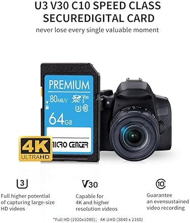 Inland 64GB INLAND Premium SDXC Card, Class 10 UHS-I C10 U3 V30 4K UHD Video - Up to 80/35 MB/s
