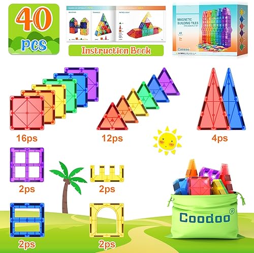 Coodoo Magnetic Tiles STEM Toy Set for Toddlers - 40PCS Building Blocks for Creative Learning - Safe Montessori Toy for Boys and Girls 3+