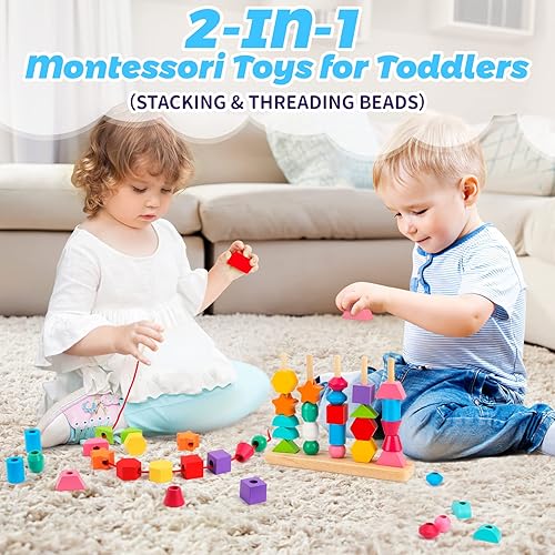 Montessori Wooden Toy Set for 2-5 Year Olds - Sequencing, Stacking, Lacing & Matching Shapes - STEM Preschool Learning Gift