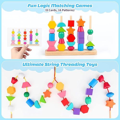 Montessori Wooden Toy Set for 2-5 Year Olds - Sequencing, Stacking, Lacing & Matching Shapes - STEM Preschool Learning Gift