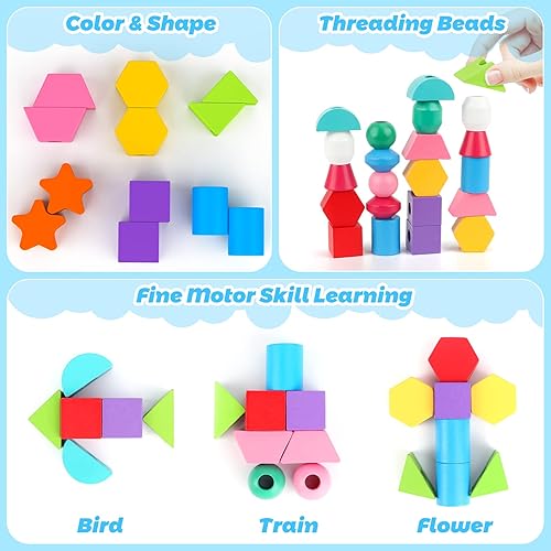 Montessori Wooden Toy Set for 2-5 Year Olds - Sequencing, Stacking, Lacing & Matching Shapes - STEM Preschool Learning Gift