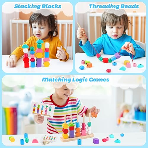 Montessori Wooden Toy Set for 2-5 Year Olds - Sequencing, Stacking, Lacing & Matching Shapes - STEM Preschool Learning Gift