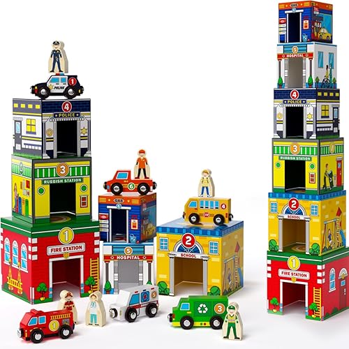Atoylink Magnetic Toddler Sorting & Stacking Toys with Wooden Cars & Community Helpers - Preschool Learning Montessori Set for 1-3 Year Olds
