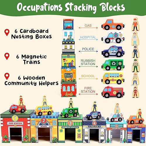 Atoylink Magnetic Toddler Sorting & Stacking Toys with Wooden Cars & Community Helpers - Preschool Learning Montessori Set for 1-3 Year Olds