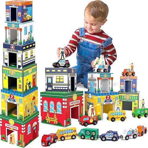 Atoylink Magnetic Toddler Sorting & Stacking Toys with Wooden Cars & Community Helpers - Preschool Learning Montessori Set for 1-3 Year Olds