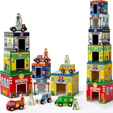 Atoylink Magnetic Toddler Sorting & Stacking Toys with Wooden Cars & Community Helpers - Preschool Learning Montessori Set for 1-3 Year Olds