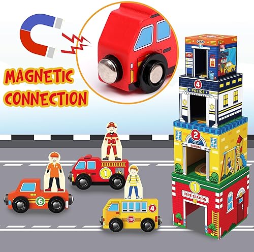 Atoylink Magnetic Toddler Sorting & Stacking Toys with Wooden Cars & Community Helpers - Preschool Learning Montessori Set for 1-3 Year Olds