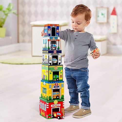 Atoylink Magnetic Toddler Sorting & Stacking Toys with Wooden Cars & Community Helpers - Preschool Learning Montessori Set for 1-3 Year Olds