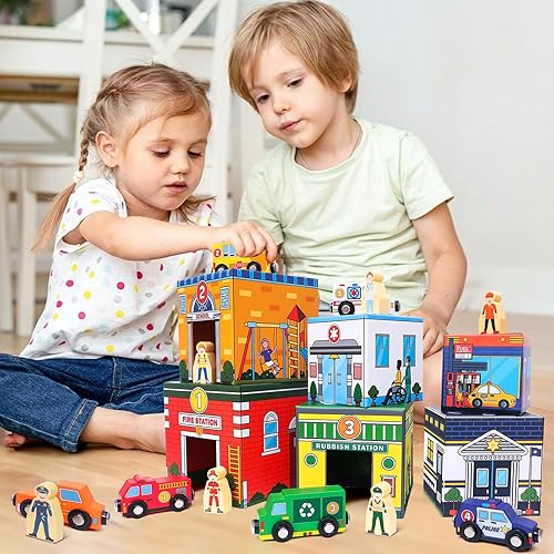 Atoylink Magnetic Toddler Sorting & Stacking Toys with Wooden Cars & Community Helpers - Preschool Learning Montessori Set for 1-3 Year Olds