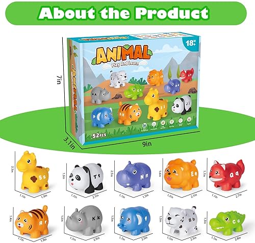 Jetbotell ABC Animal Alphabet Match Game Set for 2-4 Year Olds: 52 Pieces, 10 Animal Figures, Montessori Fine Motor Toys