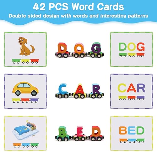 Wondertoys Wooden Alphabet Train Toy Set with Flash Cards and Storage Box for Toddlers