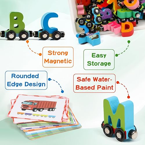 Wondertoys Wooden Alphabet Train Toy Set with Flash Cards and Storage Box for Toddlers