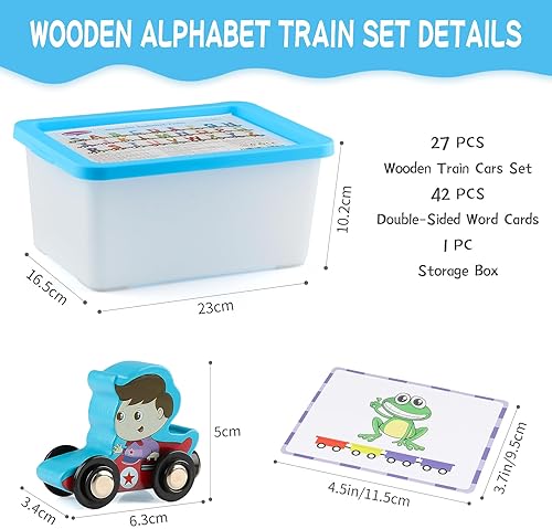 Wondertoys Wooden Alphabet Train Toy Set with Flash Cards and Storage Box for Toddlers