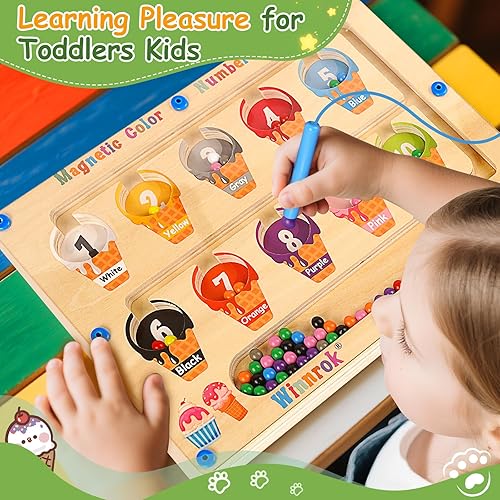 Winnrok Montessori Magnetic Maze Board Toy for 3-5 Year Olds: Wood Color & Number Maze