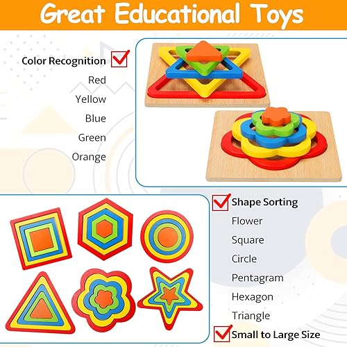AOJI Wooden Montessori Toddler Shape Sorting Puzzle Sensory Toy for Educational Development - Ages 1-3