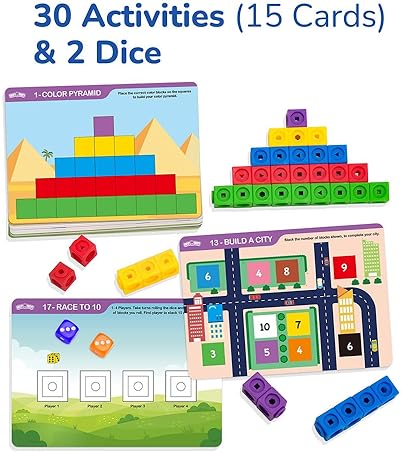 LotFancy BenBen Math Manipulatives Blocks Set for Kids, 100pcs Counting Cubes, STEM Educational Toys with Game Cards & Storage Bag