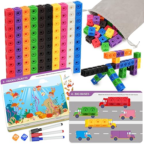 LotFancy BenBen Math Manipulatives Blocks Set for Kids, 100pcs Counting Cubes, STEM Educational Toys with Game Cards & Storage Bag