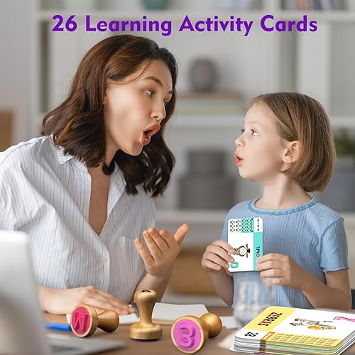 Flycoost Wooden Alphabet & Number Stamps Set for Kids - Montessori Learning Toys with Flashcards, Spelling & Math Games - Age 3-5