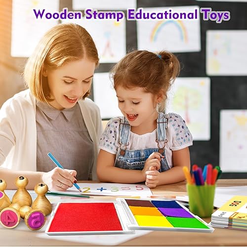 Flycoost Wooden Alphabet & Number Stamps Set for Kids - Montessori Learning Toys with Flashcards, Spelling & Math Games - Age 3-5