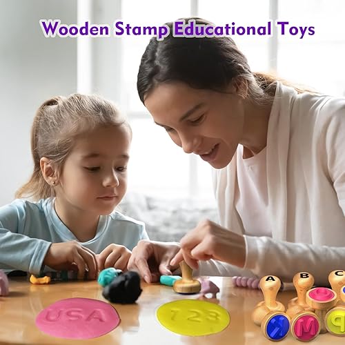 Flycoost Wooden Alphabet & Number Stamps Set for Kids - Montessori Learning Toys with Flashcards, Spelling & Math Games - Age 3-5