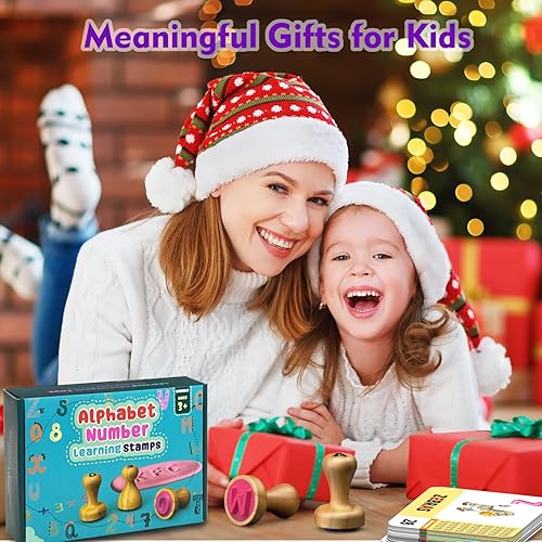 Flycoost Wooden Alphabet & Number Stamps Set for Kids - Montessori Learning Toys with Flashcards, Spelling & Math Games - Age 3-5