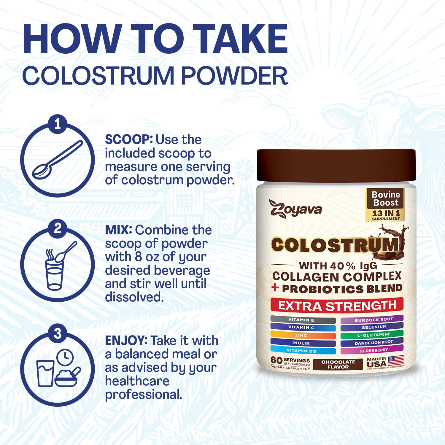 ZOYAVA CHOCOLATE COLOSTRUM POWDER: 40% IGG, 13-IN-1 SUPPLEMENT WITH COLLAGEN, PROBIOTICS, ELDERBERRY, ZINC, VITAMIN C & D3