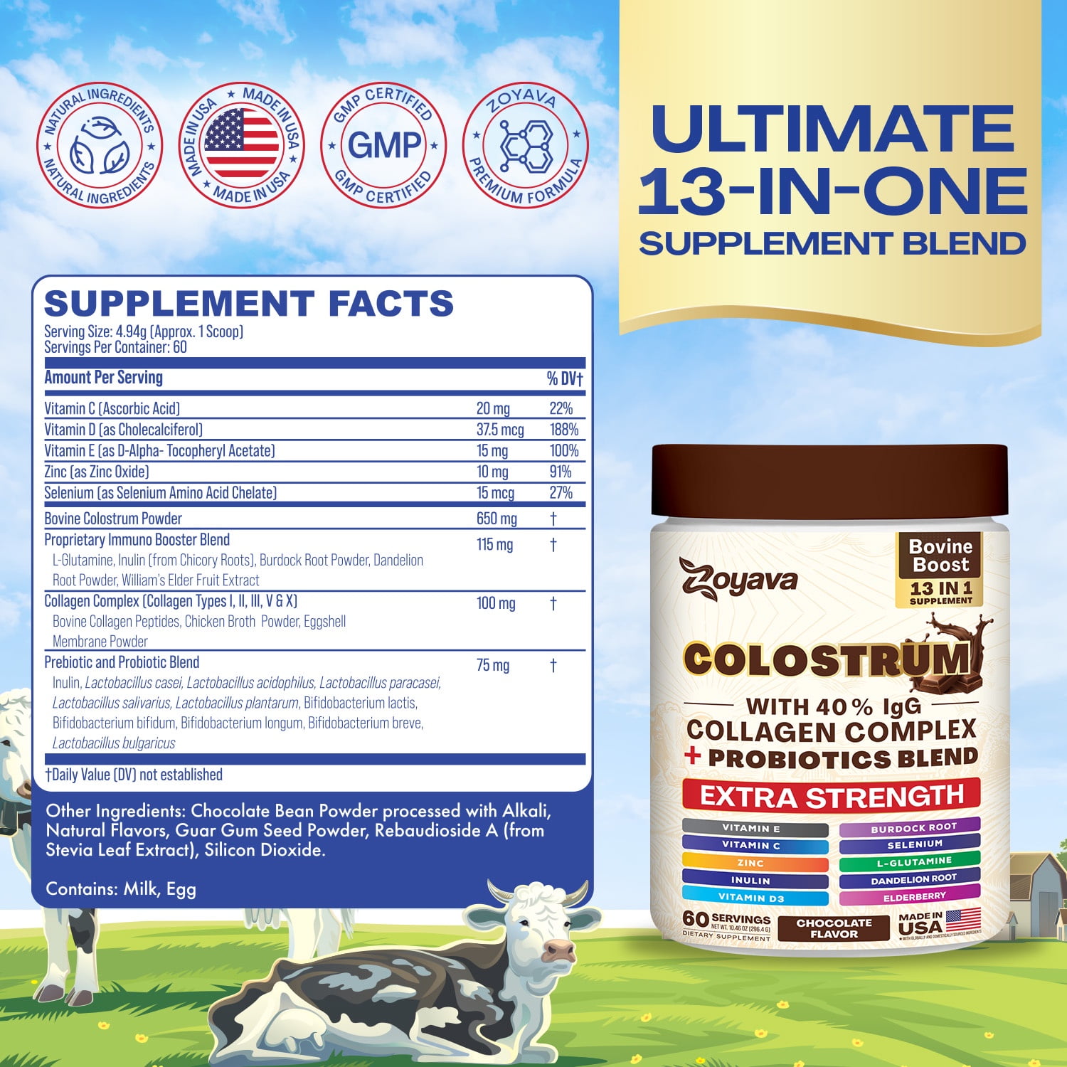 ZOYAVA CHOCOLATE COLOSTRUM POWDER: 40% IGG, 13-IN-1 SUPPLEMENT WITH COLLAGEN, PROBIOTICS, ELDERBERRY, ZINC, VITAMIN C & D3