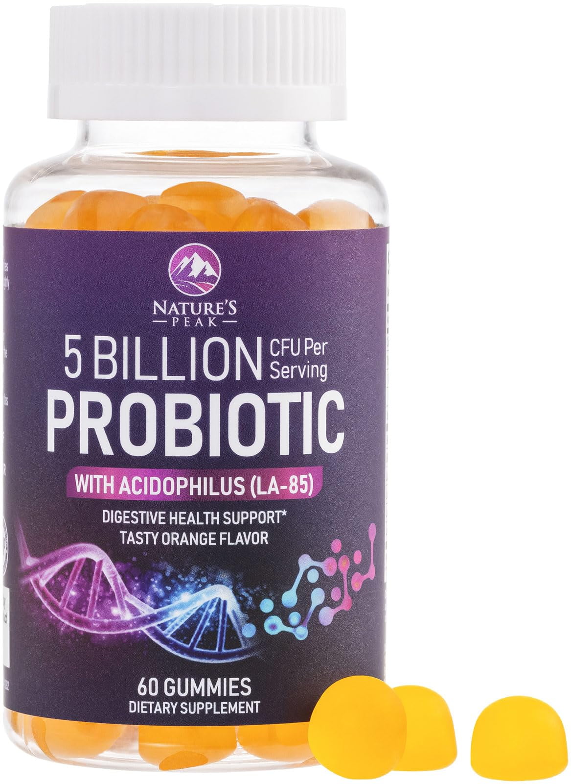 Nature's Peak Probiotic Gummies - 5 Billion CFUs, 6 Strains - Digestive & Immune Support - Orange Flavor - 60 Count