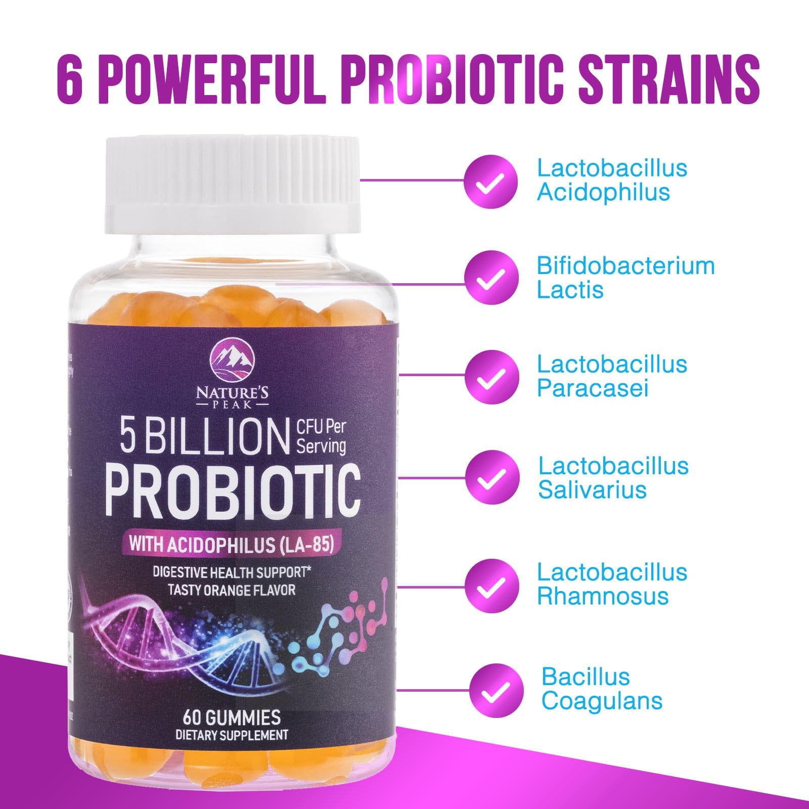 Nature's Peak Probiotic Gummies - 5 Billion CFUs, 6 Strains - Digestive & Immune Support - Orange Flavor - 60 Count