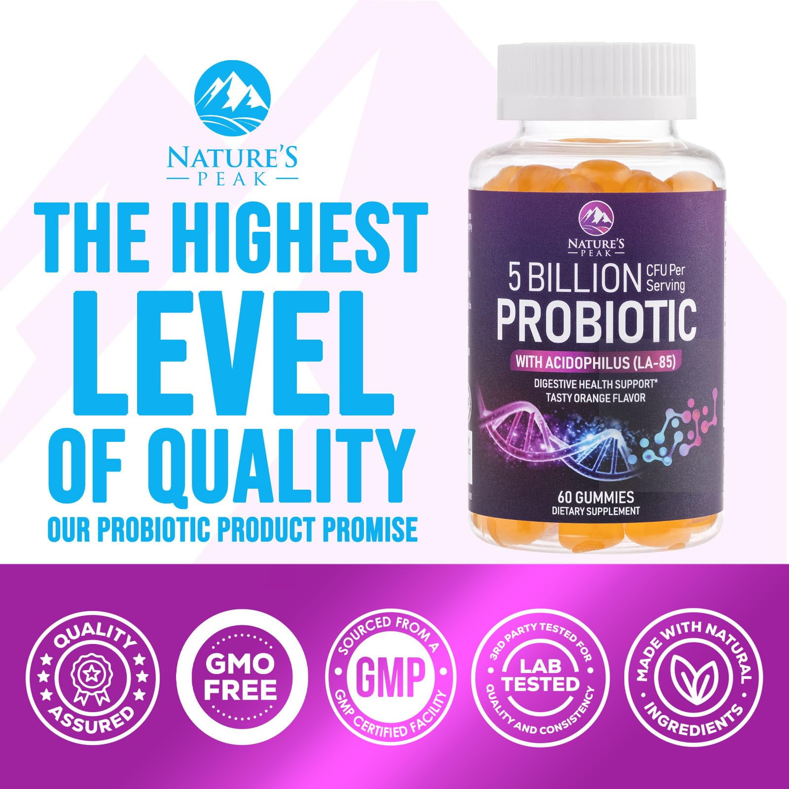 Nature's Peak Probiotic Gummies - 5 Billion CFUs, 6 Strains - Digestive & Immune Support - Orange Flavor - 60 Count