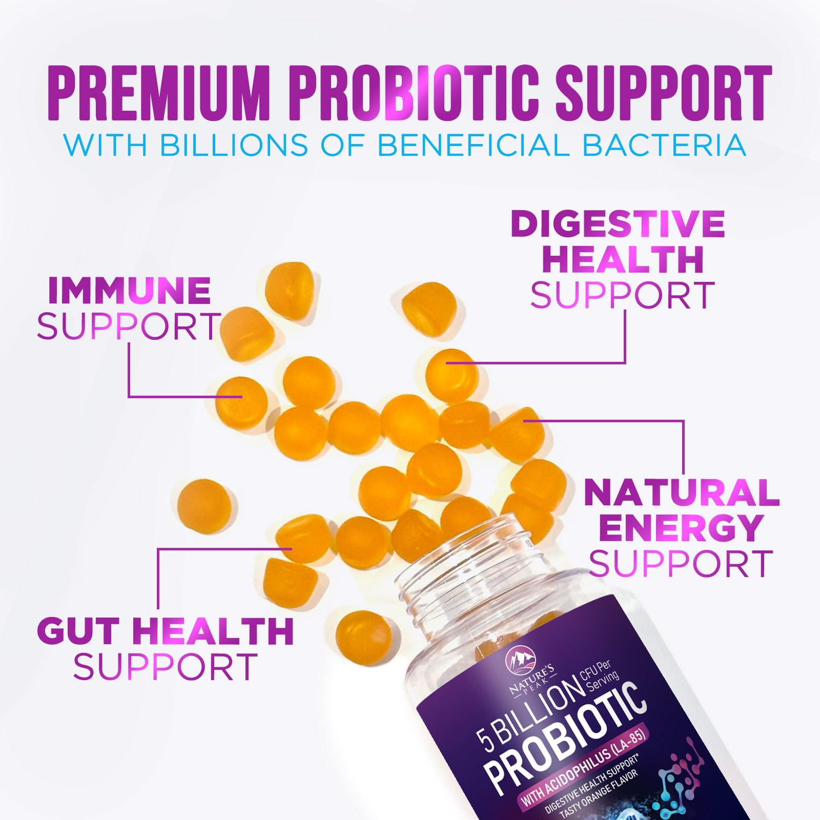 Nature's Peak Probiotic Gummies - 5 Billion CFUs, 6 Strains - Digestive & Immune Support - Orange Flavor - 60 Count
