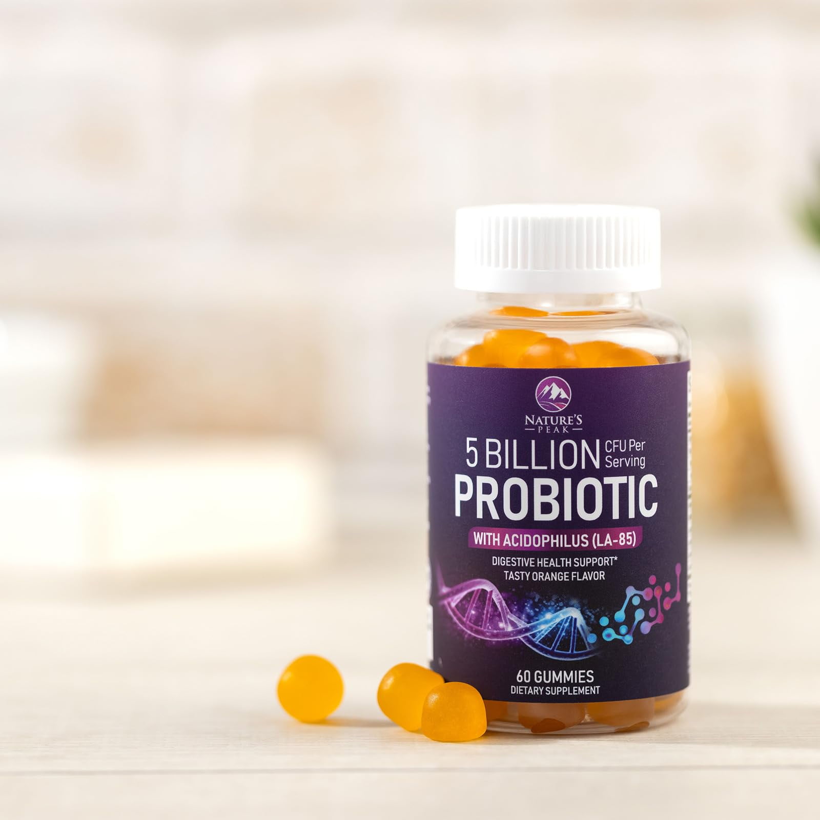 Nature's Peak Probiotic Gummies - 5 Billion CFUs, 6 Strains - Digestive & Immune Support - Orange Flavor - 60 Count