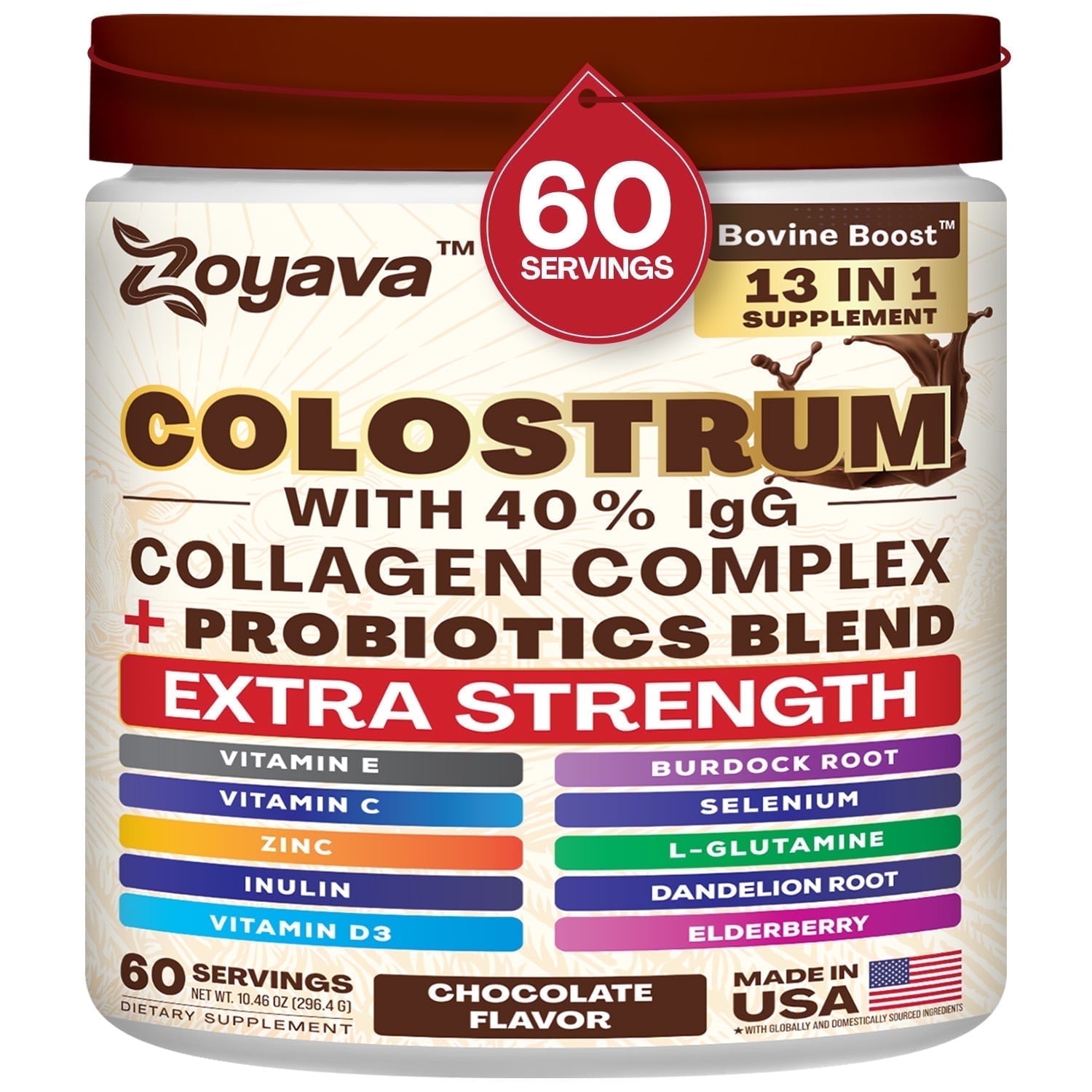 ZOYAVA COLOSTRUM POWDER: 40% IGG, CHOCOLATE, EXTRA STRENGTH 13-IN-1 SUPPLEMENT WITH COLLAGEN, PROBIOTICS, ELDERBERRY, L-GLUTAMINE, ZINC, VITAMIN C & D3