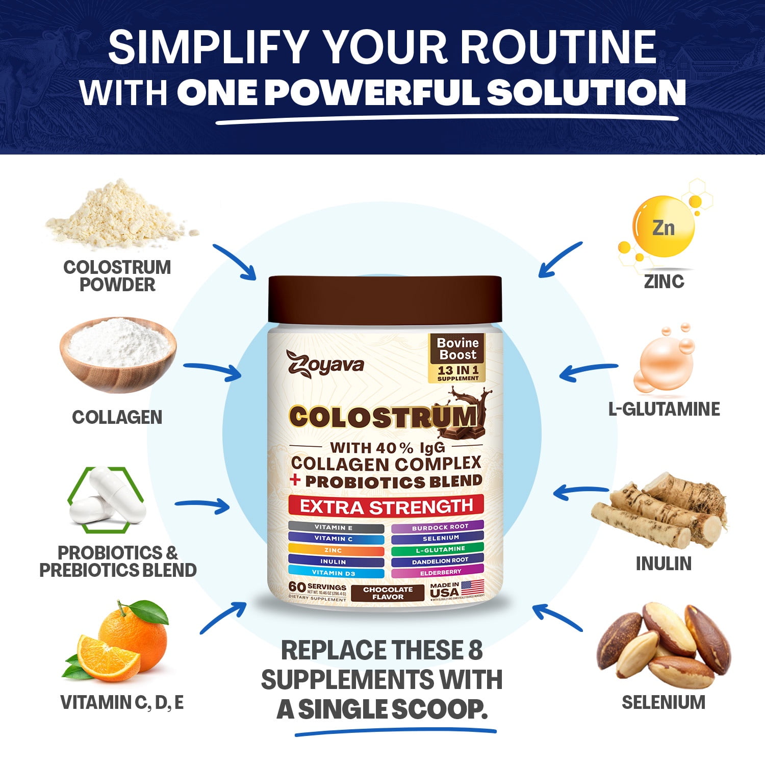 ZOYAVA COLOSTRUM POWDER: 40% IGG, CHOCOLATE, EXTRA STRENGTH 13-IN-1 SUPPLEMENT WITH COLLAGEN, PROBIOTICS, ELDERBERRY, L-GLUTAMINE, ZINC, VITAMIN C & D3