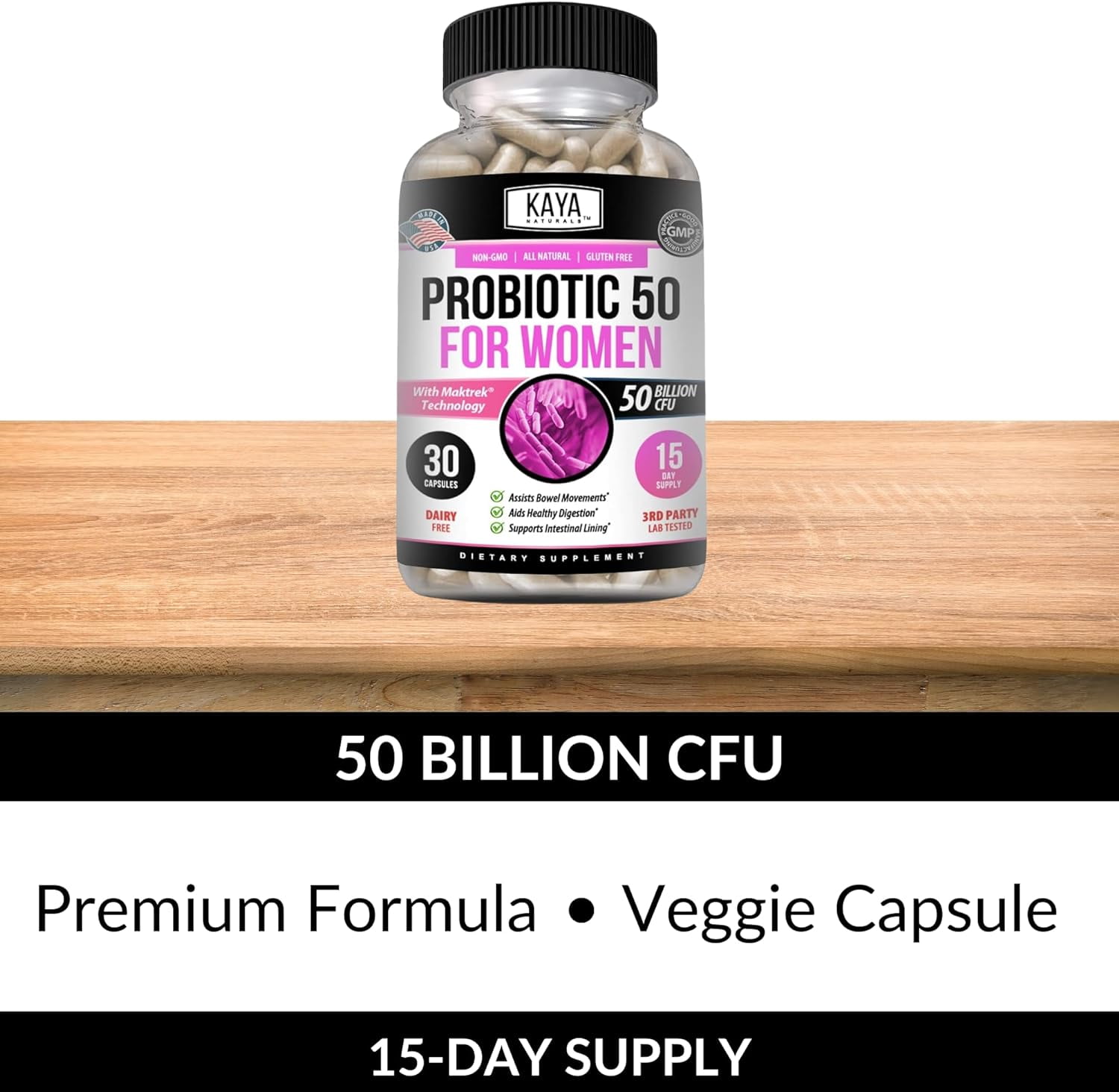 KAYA NATURALS 50 BILLION CFU PROBIOTIC FOR GUT HEALTH & IMMUNE SUPPORT - 30 VEG CAPS