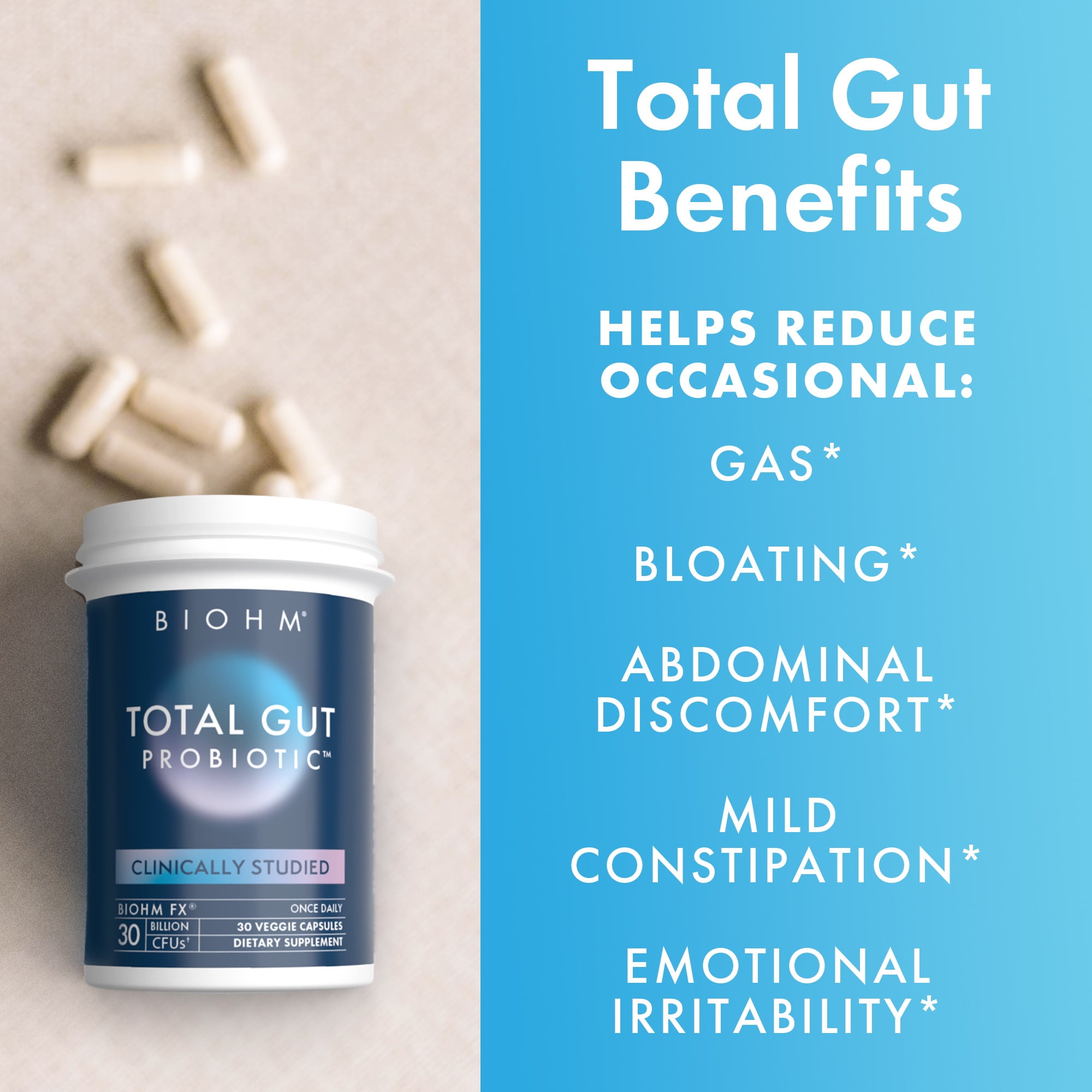BIOHM TOTAL GUT PROBIOTIC WITH DIGESTIVE ENZYMES - 30 COUNT (UNISEX)