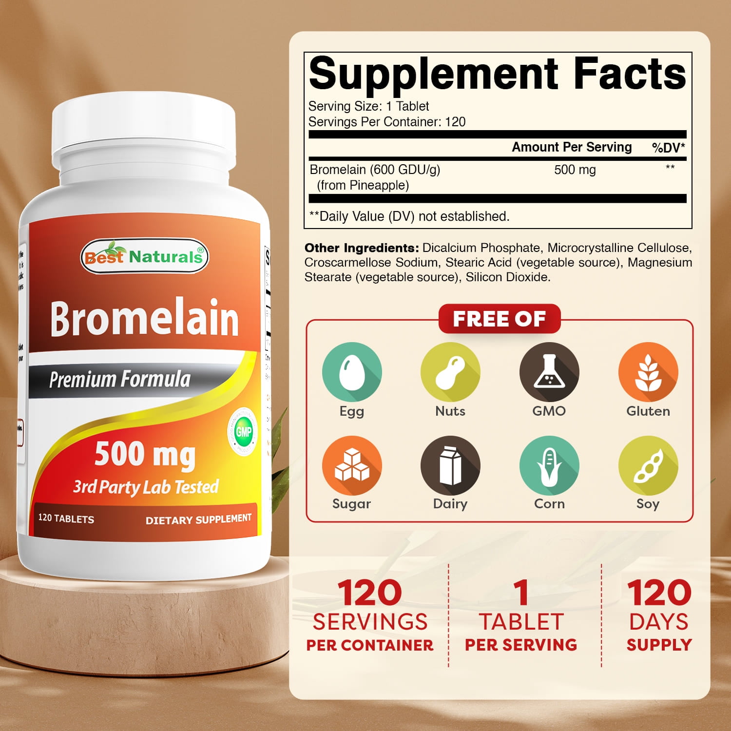 Best Naturals Bromelain Digestive Enzyme Supplements, 120 Tablets - Supports Digestion, Joint Health