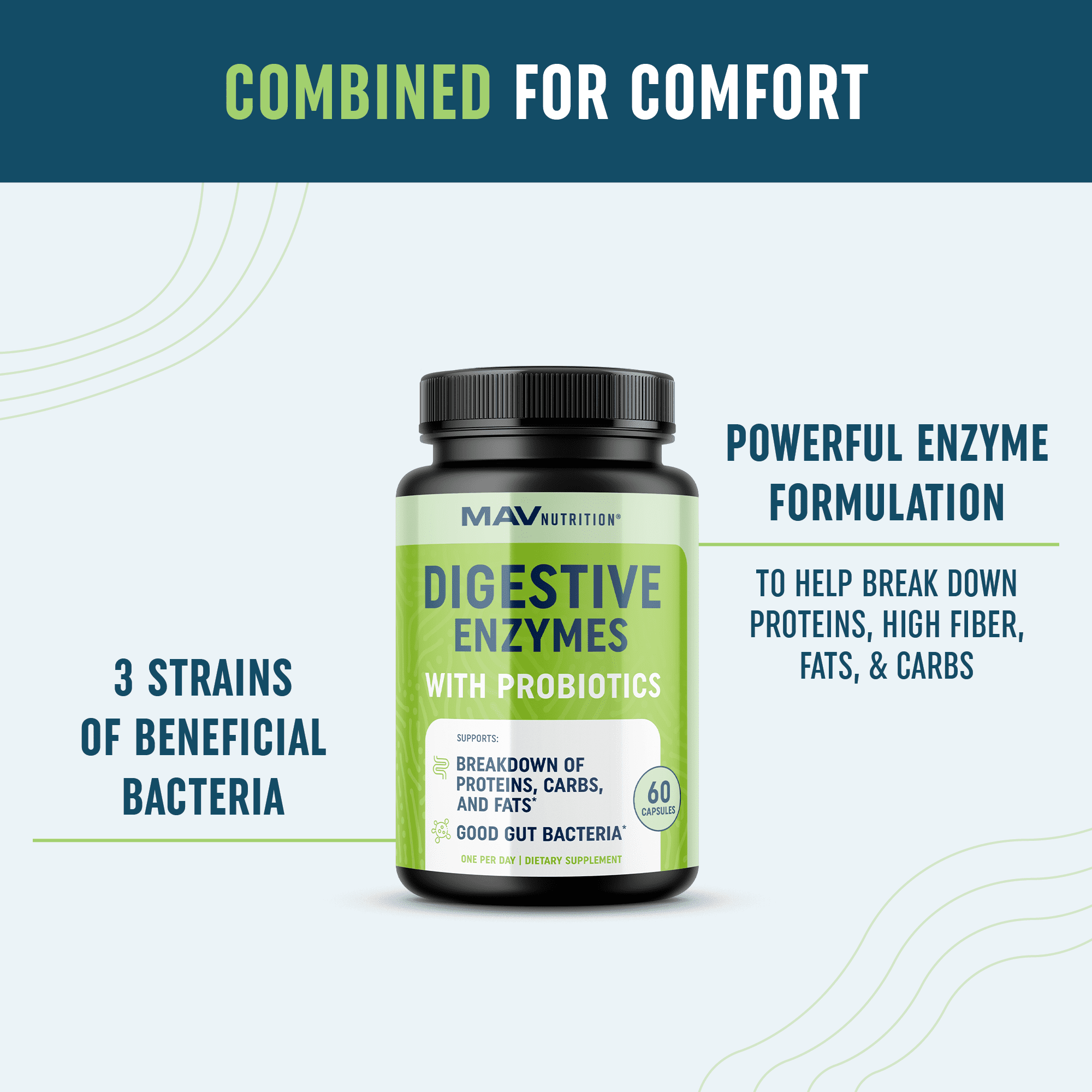MAV NUTRITION DIGESTIVE ENZYMES 400MG WITH PROBIOTICS FOR DIGESTIVE HEALTH & BLOATING RELIEF | ENZYME BLEND & PROBIOTIC STRAINS | VEGETARIAN | 60 CT