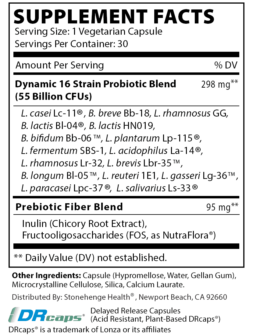 Stonehenge Health Probiotics: 55 Billion CFU, 16 Strains, Prebiotic, Synbiotic, Acidophilus, Delayed Release, Shelf Stable (1 Pack)
