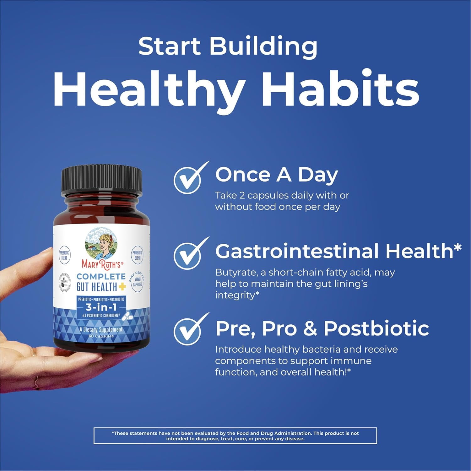 MaryRuth's Gut Health SCFA Butyrate Capsules, 60ct: 3-in-1 Formula