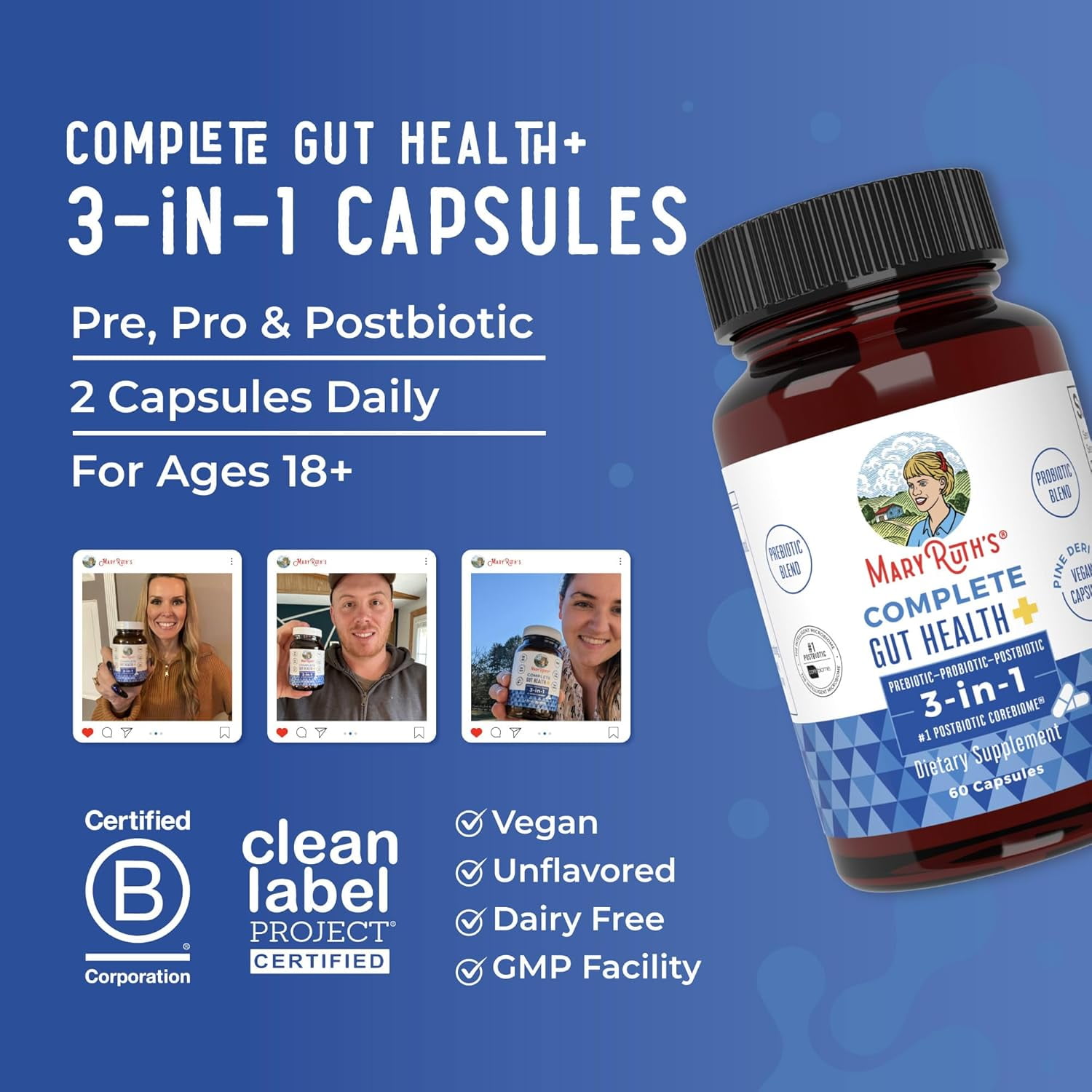 MaryRuth's Gut Health SCFA Butyrate Capsules, 60ct: 3-in-1 Formula