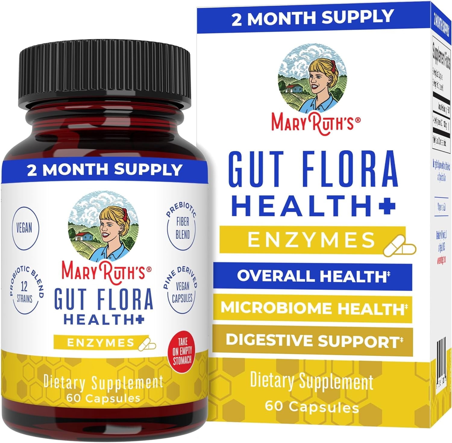 MaryRuth's Gut Flora Health+ Capsules - Enzymes, Prebiotics, Probiotics, Vegan (60 ct)