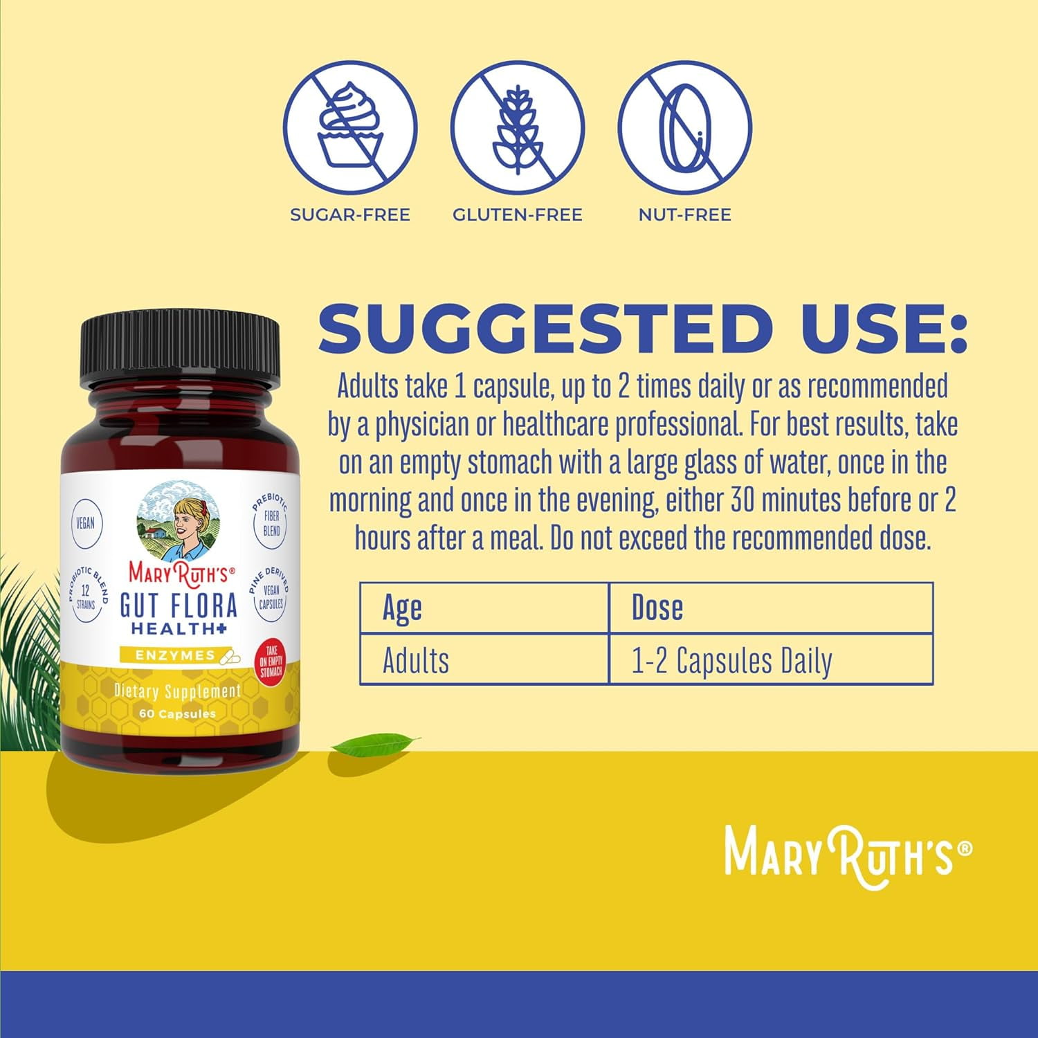MaryRuth's Gut Flora Health+ Capsules - Enzymes, Prebiotics, Probiotics, Vegan (60 ct)