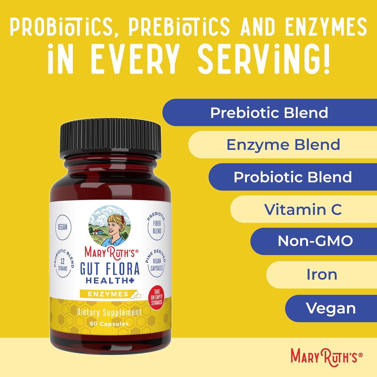 MaryRuth's Gut Flora Health+ Capsules - Enzymes, Prebiotics, Probiotics, Vegan (60 ct)