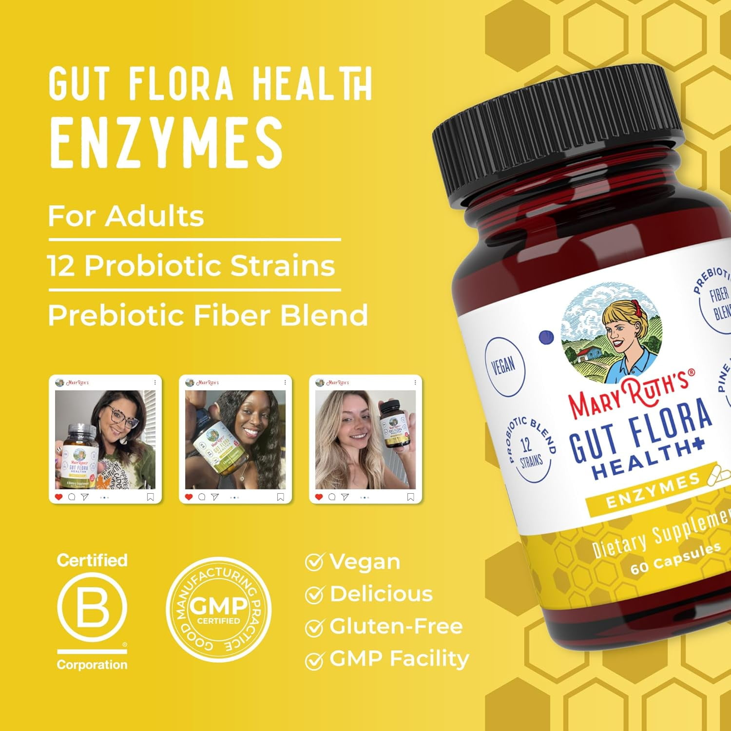 MaryRuth's Gut Flora Health+ Capsules - Enzymes, Prebiotics, Probiotics, Vegan (60 ct)
