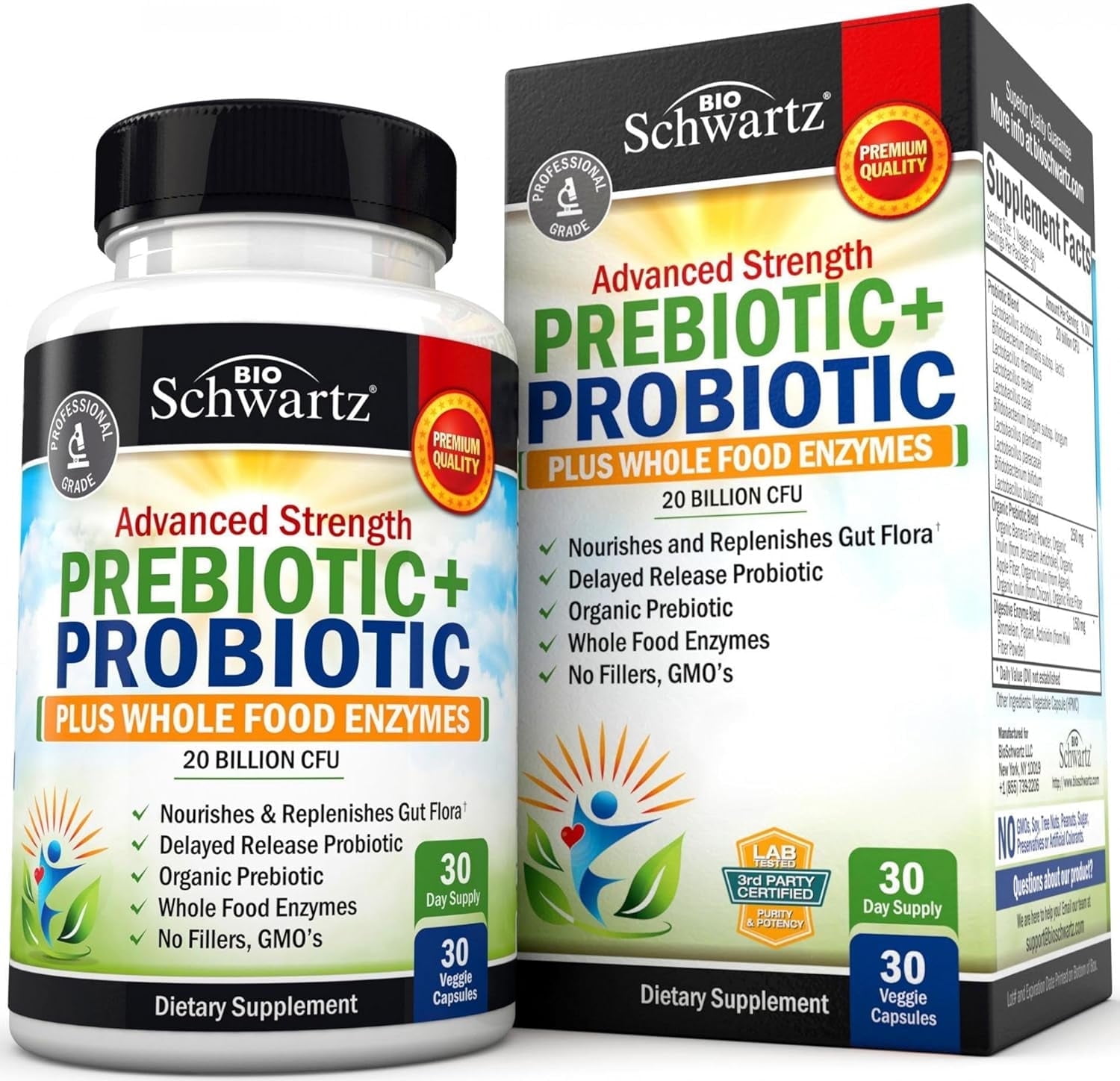 BioSchwartz Prebiotic Probiotic Capsules for Gut Health - 30 Count