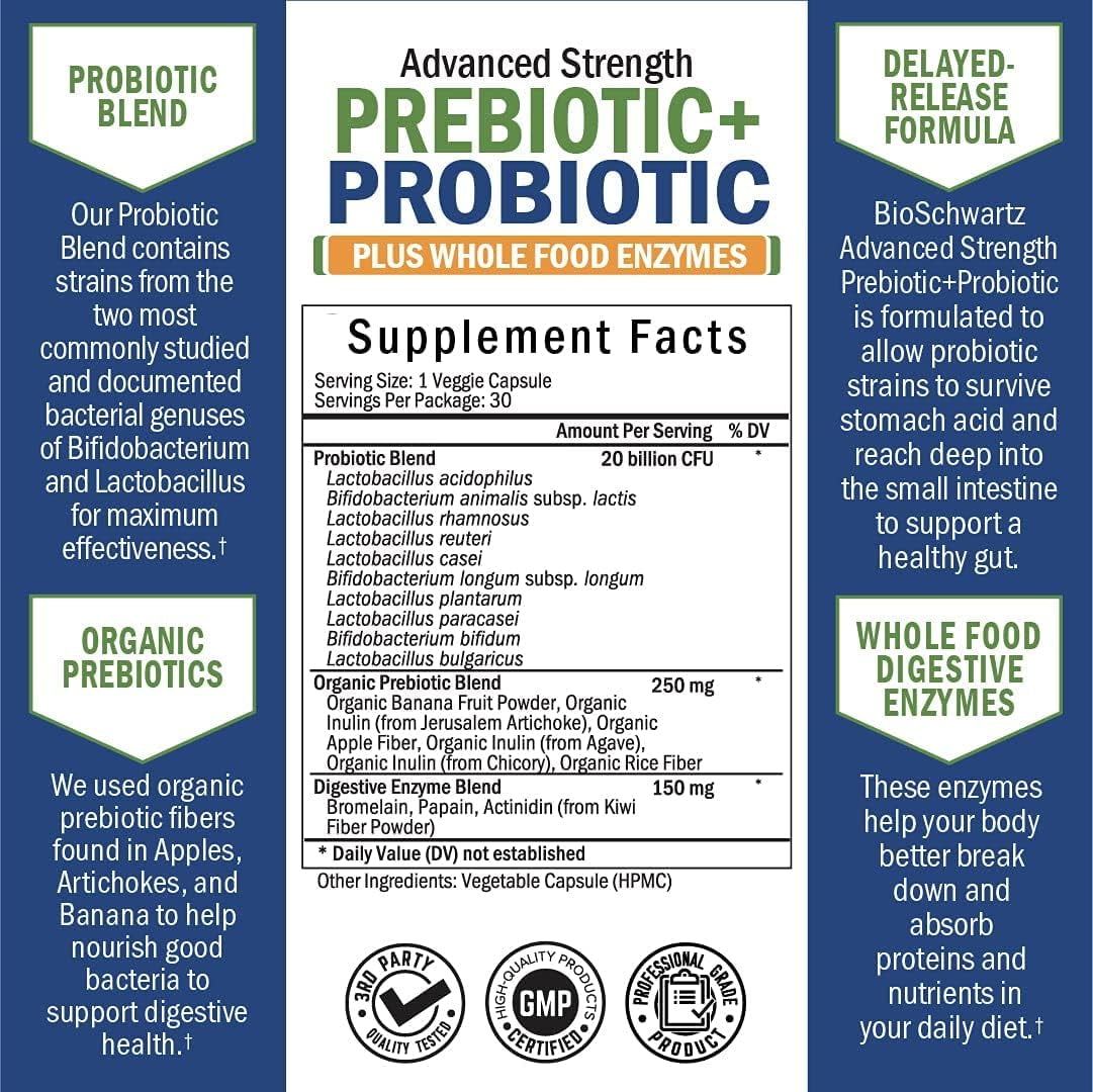 BioSchwartz Prebiotic Probiotic Capsules for Gut Health - 30 Count